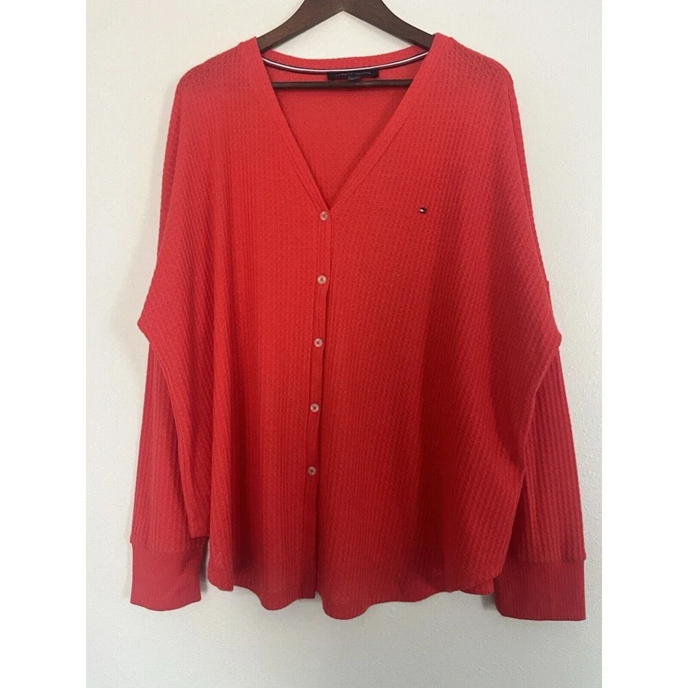 Tommy Hilfiger‎ Top Women's XXL Orange Button Front Waffle Knit Long Sleeve